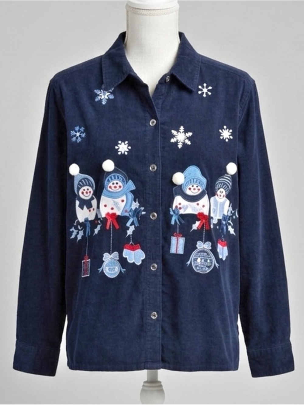 Vintage 90s Dressbarn Navy Corduroy Snowman Embroidered Button Front Shirt XL